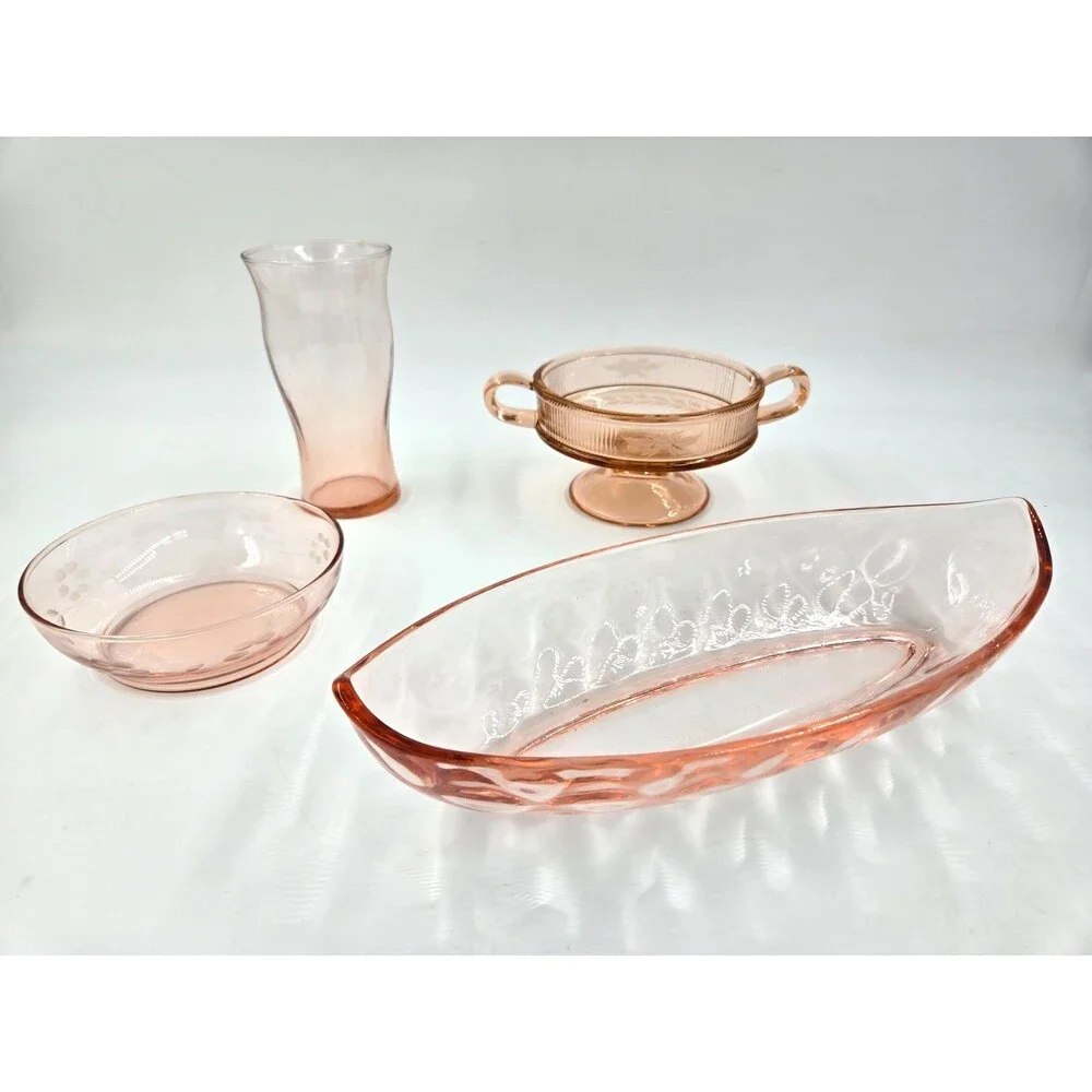 Lot of Vintage Pink Floral Depression Glass Pieces Nappy Triangle Dish Handled
